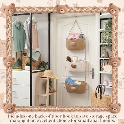 FoldTier Over the Door Hanging Basket 3 Tier Wall Mounted Organizer Bag with Bear Decoration Woven Cotton Boho Storage Hanging Nursery Baskets with Hooks for Nursery Living Room Bedroom Kitchen