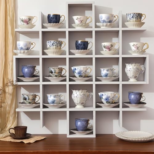 Suzile Oversize Tea Cups and Saucers Shelf Rustic Wooden Coffee Display Shelves Wooden Floating Curio Shelf Mounted Tea and Saucer Rack Holder for Kitchen Station Bar Accessories(White) - color: White