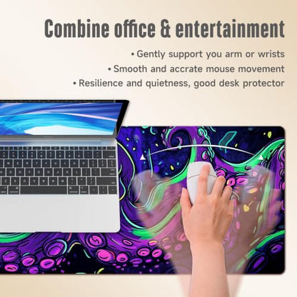 Extended Gaming Mouse Pad, Large Mouse Mat 3 mm Nature Rubber Base Mousepad with Stitched Edges, Non-Slip Desk Mat for Office Home Great Gift 31.5x11.8 Inch (Dark Octopus) - color: Dark Octopus