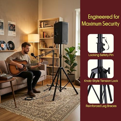 Pyle Universal Speaker Stand Mount Holder Heavy Duty Tripod w/ Adjustable Height from 40” to 71” and 35mm Compatible Insert Easy Mobility Safety Pin and Knob Tension Locking for Stability, Black - size: 1-Pack