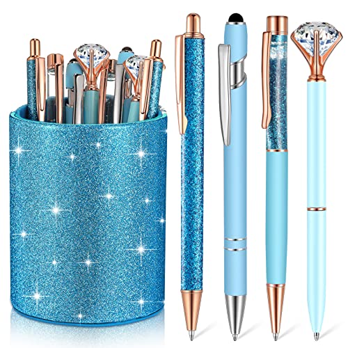 Sabary 8 Pcs Blue Pens with Pen Holder for Desk Glitter Crystal Diamond Cute Ballpoint Fancy Pencil Holder Bling Desk Organizer for Women Girls School Office Supplies Wedding Graduation Gifts - color: Blue