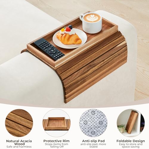 LOVYANXUE Acacia Wood Sofa Arm Tray, Foldable Couch Armrest Table with Anti-Slip Pad, Couch Arm Tray & Cup Holder for Drinks, Coffee, Snacks, Phone, Remote Control - color: Acacia Wood, size: Large (without Phone Holder)
