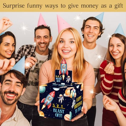 ChillHui Outer Space Birthday Money Gift Boxes for Cash, Astronaut Birthday Money Pull Box for Boys Girls - color: Black Astronaut