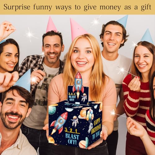 ChillHui Outer Space Birthday Money Gift Boxes for Cash, Astronaut Birthday Money Pull Box for Boys Girls - color: Black Astronaut