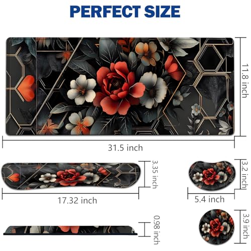 Large Mouse Pad + Keyboard Wrist Rest Set, Extended Gaming Mousepad (31.5X11.8 inch) with Non-Slip Rubber, Ergonomics Memory Foam Mouse Wrist Rest Support, Futurist Flowery Floral XXL Desk Pad - color: Yu-Mouse Pad-3-B33