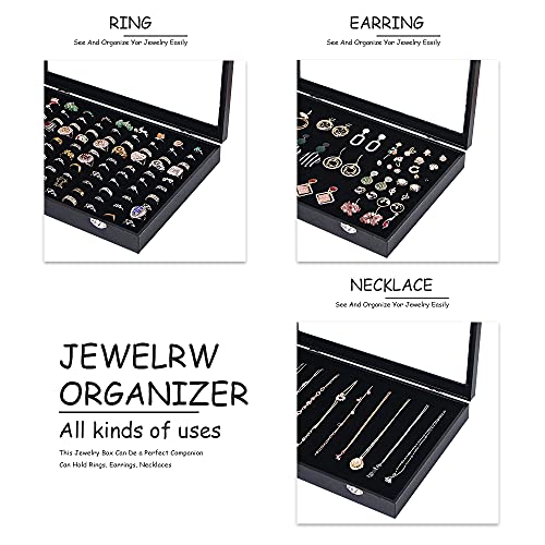 Ring Holder Organizer Box, Jewelry Display Case, Earring Necklace Storage Tray With Top Glass Lid (Black, 100 Slots) - color: Black, size: 100 Slots Ring