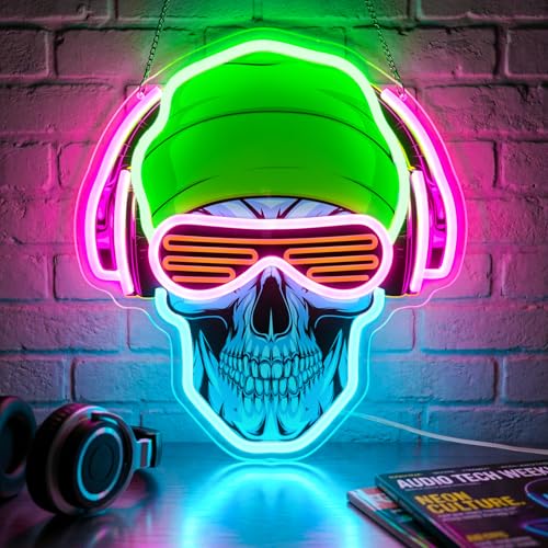 Headphones Skull Neon Sign, LED Gamer Neon Light, Dimmable Gaming Neon Signs for Bedroom, Gaming Room, Man Cave, Party, Cool Aesthetic Room Decor for Teens Boys - color: pink-skull