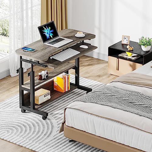 Tribesigns Portable Desk with Power Outlets, Height Adjustable Side Table Sofa Couch Bedside Laptop Computer Cart with USB Charging Ports, Mobile Small Standing Desk with Keyboard Tray - color: Grey