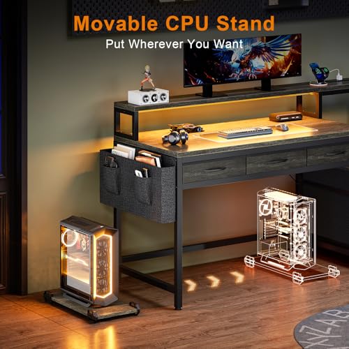 REAHOME 61 Inch Gaming Desk with Charging Station and LED Lights, Reversible Computer Desk with Storage Drawer and Monitor Stand, Modern Desk Table with File Cabinet & Side Pocket, Grey Oak - color: Grey Oak