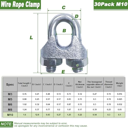30PCS 3/8" M10 Zinc-Plated Wire Rope Clamps – Heavy Duty U-Bolt Cable Clips (Silver) - size: M10-30PCS