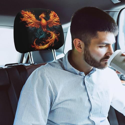 Dujiea 2 Pack Fire Animal Pheonix Print Car Headrest Covers, Universal Soft Car Seat Head Rest Cover Protector, Vehicle Accessories Fabric Headrest Cover for Cars Vans Trucks - color: Fire Animal Pheonix Print