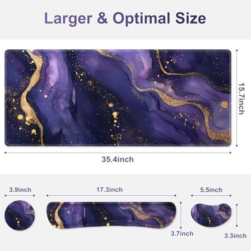 Large Gaming Mouse Pad Set, 4 in1 Ergonomics Keyboard Desk Mat with Memory Foam Wrist Rest, Extended Game Mousepad, Non-Slip Desk Pad Matt Easy Typing Pain Relief I Purple Golden Marble - color: Purple Golden Marble