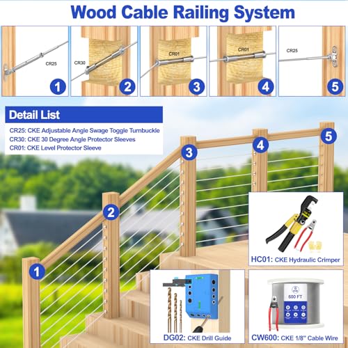 CKE 200 Pack T316 Stainless Steel Protector Sleeves for 1/8" Wire Rope Cable Railing, Marine Grade Protective Sleeves Deck Cable Railing Kit for Wood Posts DIY Balustrade, CR01