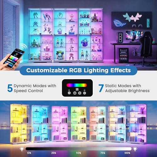 HNEBC Display Cabinet with Glass Doors - 10-Tiers 71” Curio Cabinet with RGB Lights, Frameless Tall Display Case for Collectibles/Figures, Locking Showcase Cabinet with Shelf for Living Room (White)
