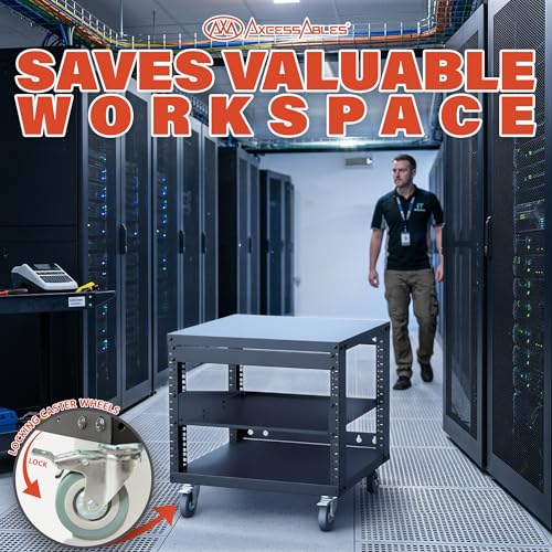 AxcessAbles 8U Open Frame Network & AV Rack with Caster Wheels, One 1U Shelf, 10-32 & Cage Nut Compatible Rails, Cage Nuts, Screws, Cage Nut Tool & Wall Mount Kit | 19-Inch Rack - size: 8U - 1 Shelf