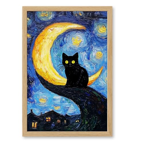 Funny Black Cat Wall Art Trendy Tree and Moon Oil Paintings Animal Poster Abstract Cat Floral Prints Posters Wall Decor Aesthetic for Farmhouse Gallery Bedroom 8x12inch Wood color frame - color: Antique cat - Wood color PVC frame, size: 8"L x 12"W