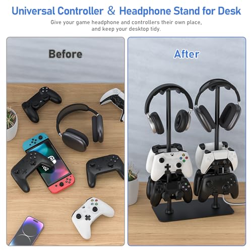 MANMUVIMO Headset Stand Controller Holder for 2 Headset and 8 Controller, Headphone Stand Gaming Controller Holder for PS5 Xbox Airpods Beats Bose, Gaming Room Accessories, Gamer Gifts for Men - size: 2 Headphone 8 Controller Holder Black