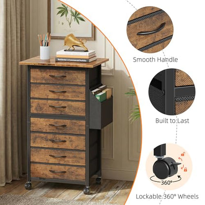 HIGDBFE 7 Fabric Drawers File Cabinet with Side Pocket, Rolling Printer Stand with Storage for Home Office, Wood Top Storage Cabinet for Documents and Crafts, Rustic Brown, 15" D - size: 15"D (7 Drawers)
