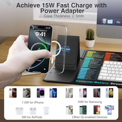 Wireless Charging Mouse Pad with Foldable Phone Holder, 31.5"x15.8" XXL Excel Cheat Sheet Desk Mat for Laptop/Keyboard, Waterproof Ultra-Smooth Surface, Non-Slip Base - color: Black-31.5"x15.8"-Excel Shortcuts-Phone Holder