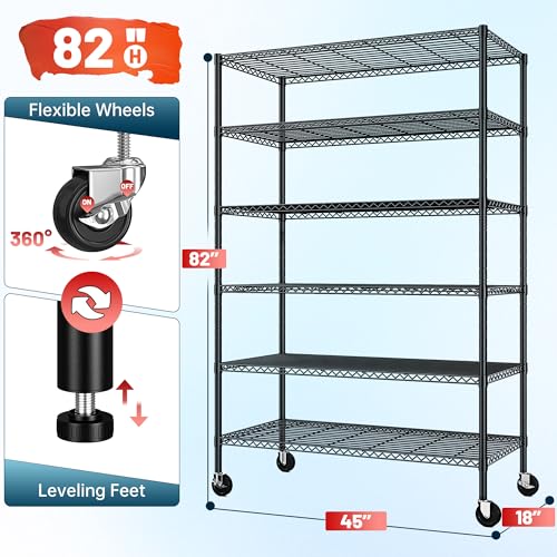 Romorgniz 6-Tier Rolling Storage Shelves, 82" H x 45" W x 18" D Adjustable Wire Shelving Unit with Locking Wheels, Heavy-Duty Metal Rack for Garage, Pantry, Kitchen, Basement – Black - size: 82"H X45"W X18"D-Black