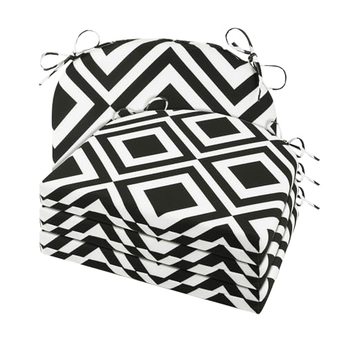 Cozyide Outdoor Chair Cushions, Waterproof Patio Seat Cushions with Adjustable Straps, Round Corner Patio Chair Cushions for Garden, Black Geometry, 17x16x2 Inch (Pack of 4) - color: Black Geometry, size: 17x16x2 Inch (Pack of 4)