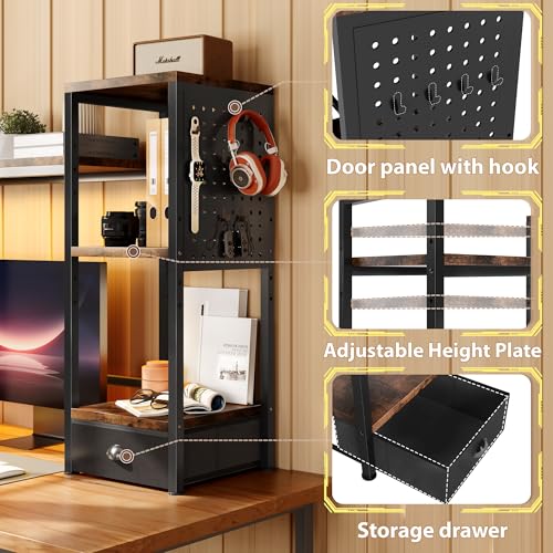 DreamDashio Desk Hutch with Shelves & Outlets, Desktop Bookshelf Organizer with RGB Lights, Storage Drawer & Pegboard, Anti‑Tip Strap for Gaming/Office/Dorm