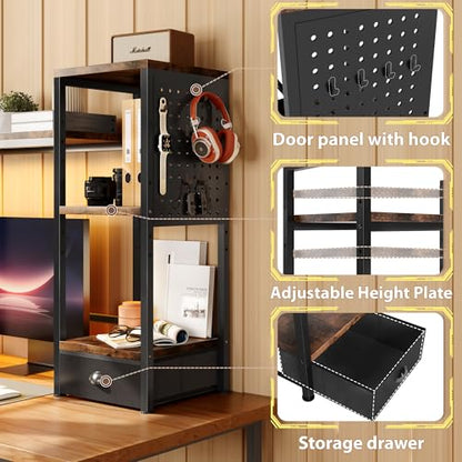 DreamDashio Desk Hutch with Shelves & Outlets, Desktop Bookshelf Organizer with RGB Lights, Storage Drawer & Pegboard, Anti‑Tip Strap for Gaming/Office/Dorm