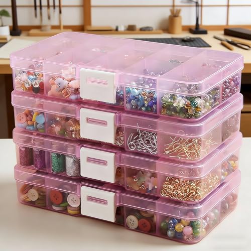 4-Pack Clear Pink Plastic Storage Boxes, 10-Compartment Durable Small Organizer Containers with Latching Closure, Ideal for Jewelry, Beads, Fishing Tackle, and Electronic Components - color: Pink