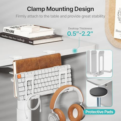PEGZONE Laptop Stand Vertical, 2-Slot Under Desk Laptop Holder, White | Desk Side Storage with Headphone Holder, Laptop Organizer for Office Gaming - color: White