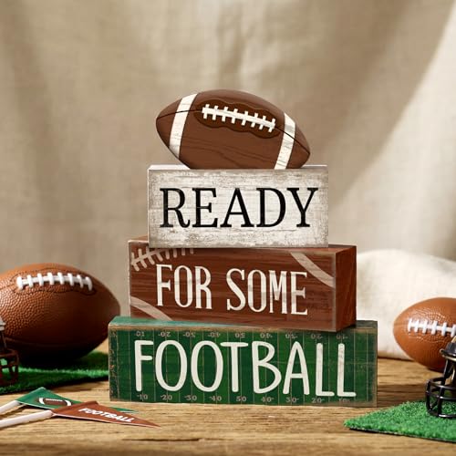 Yuntau 4 Pcs Football Fall Table Decoration Happy Football Wooden Block Sign Rugby Tiered Tray Decor Centerpiece Decorative Faux Book Stack for Holiday Tabletop Fireplace Shelf Desk Party Decor - style: Classic Football