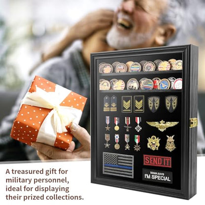 Challenge Coin Display Case, 7 Rows Lockable Military Coin Display Cabinet with UV Acrylic Door, Removable Shelves & Felt Background, Large Shadow Box - size: XL-7 Rows