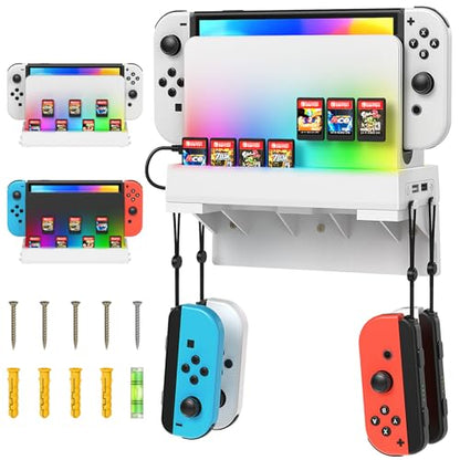 RGB Switch Wall Mount for Nintendo Switch/OLED, Games Console Wall Shelf with 7 Light Mode,Station Stand Holder for Switch Console, 7 Game Card Slots, 4 Controller Storage Hook for Switch Accessories - size: White
