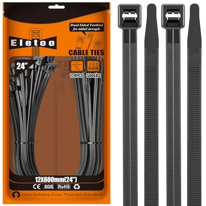 24 Inch Zip Ties Heavy Duty 120 Pack Black Long Cable Ties, 500 LBS Tensile Strength, Self-Locking UV Resistant for Indoor and Outdoor - size: 24”(120PCS)