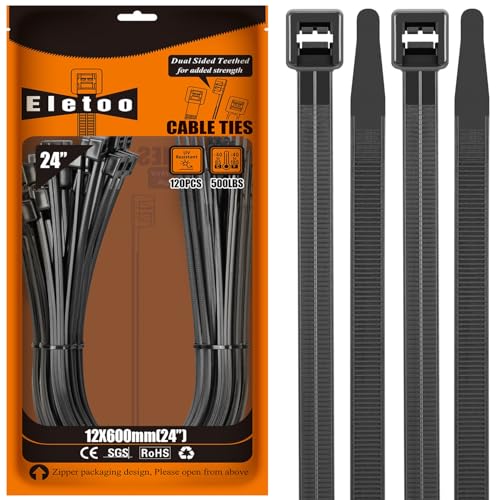 24 Inch Zip Ties Heavy Duty 120 Pack Black Long Cable Ties, 500 LBS Tensile Strength, Self-Locking UV Resistant for Indoor and Outdoor - size: 24”(120PCS)