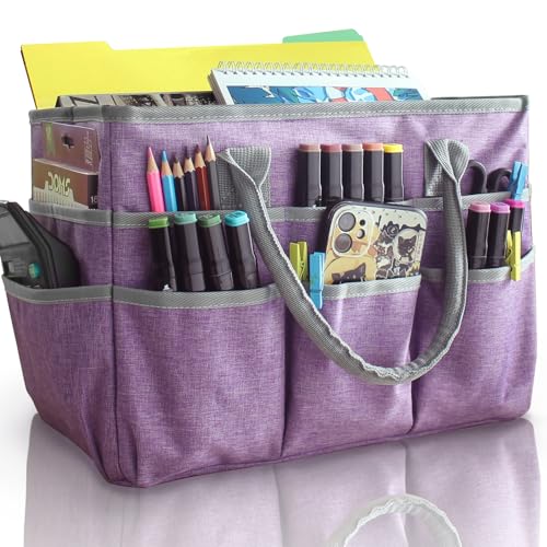 Cupohus Art Organizer Craft Storage Tote Bag with Pockets and Handles, Oxford Fabric Carrying Caddy for Teacher, Officer, Artist, Traveler –Purple - color: Purple