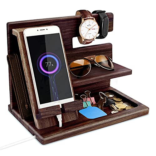Gifts for Men Bedside Organiser Wood Phone Docking Station Dad Birthday Gifts for Him Nightstand Key Wallet Watch Stand Mens Gifts for Xmas Presents for Dad Husband Boyfriend Anniversary & Christmas - color: Nut Brown