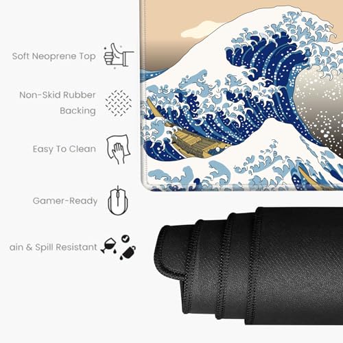 Gaming Mouse Pad Japanese Sea Wave Mousepad 24x12 Desk Pad XL Ocean Desk Mat Long Extended Computer Mat Non Slip Base Big Mouse Mat for Wireless Mouse Laptop Office - color: Sea Wave, size: 24''X12''