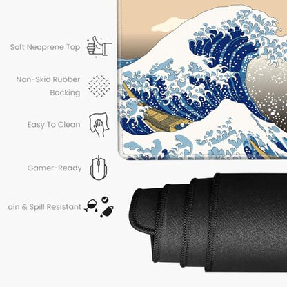 Gaming Mouse Pad Japanese Sea Wave Mousepad 24x12 Desk Pad XL Ocean Desk Mat Long Extended Computer Mat Non Slip Base Big Mouse Mat for Wireless Mouse Laptop Office - color: Sea Wave, size: 24''X12''