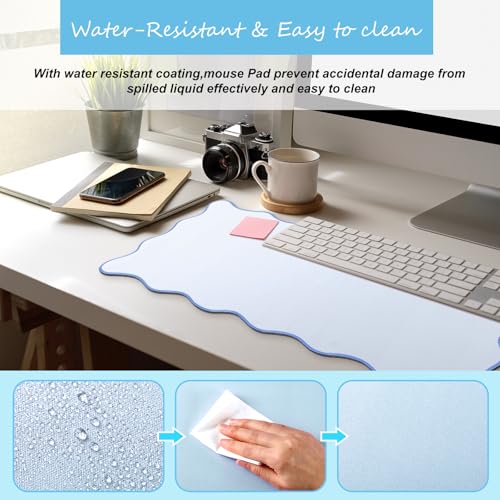 Hahafelt Scalloped Desk Mat Large Desk Pad Cute Coquette Table Mat Back to School Preppy Table Make up Pad Nonslip Graduation Gift with Stitching Waterproof Gaming(Blue,23.6 x 13.8 Inches) - color: Blue, size: 23.6 x 13.8 Inches