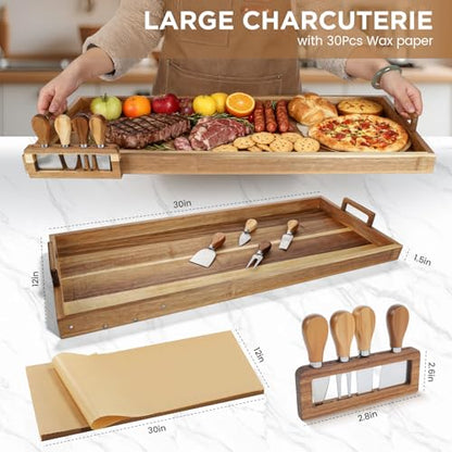 Large Charcuterie Boards with Cheese Knife Set,30 x 12 Inch Acacia Wood Serving Tray with Handles,Long Wooden Charcuterie Board with 30Pcs Wax Paper,Large Cheese Board Gift Set - size: 30 Inches