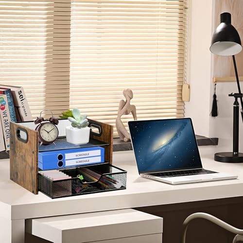 Wood Desk Organizer - 3-Tier Desktop File Organizer with Drawer, Wooden Paper Tray, Office Desk Organzier and Accessories for Papers, Mail, Notebooks, Stationery - size: 3 Tier Drawer