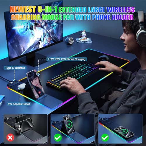 Mouse Pad with Phone Holder, Wireless Charging Desk Mat, RGB Gaming Mousepad Home Office Large Desk Pad with Ultra-Smooth Surface, Non-Slip Base, Waterproof Keyboard Pad, Classic Black Desk Mat - color: 31.5x15.75"Phone Stand-Black