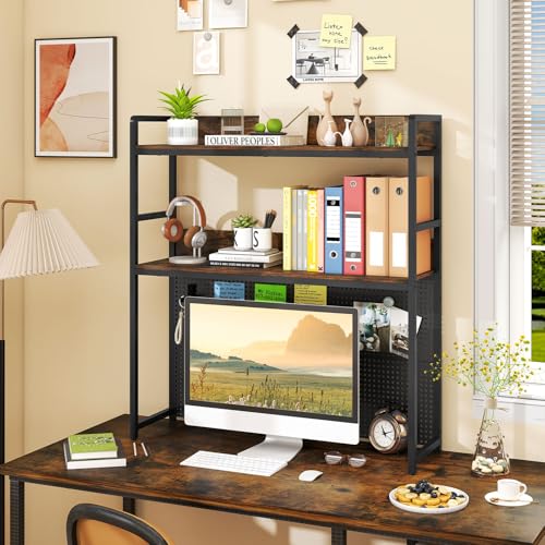 Giantex Desktop Bookshelf, 2-Tier Desk Hutch Dorm with Pegboard for up to 32" Computer Monitor, Industrial Countertop Storage Organizer Rack, Desk Shelf for Home Office, Rustic Brown - color: Rustic Brown