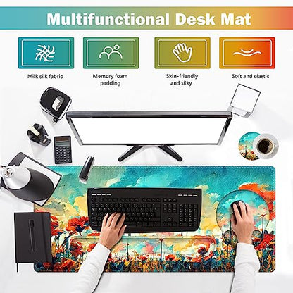 ARTSO Desk Mat, Large Gaming Mouse Pad Wrist Support Set, Ergonomic Keyboard Wrist Rest Desk Pad with Coaster Combo, Extended Mousepad with Non-Slip for Home Office, Oil Painting Flowers Plants - color: Oil Painting Flowers Plants
