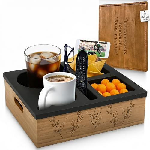 Couch Cup Holder and Serving Tray , Anti- Spill Couch Caddy , Silicone Paulownia Wood Cup Holder for Couch , Proof Couch Caddy Practical for Drinks ,Snacks, Remote Control, Rotatable Phone Holder.