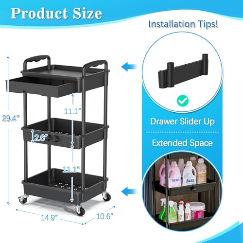 SUNALLY 3 Tier Rolling Cart with Drawer, Bathroom Storage Organizer with 2 Lockable Wheels, Multifunctional Rolling Storage Cart for Bathroom, Kitchen, Office, Craft, Makeup, Baby Essentials, Black - color: Black, size: 3 Tier