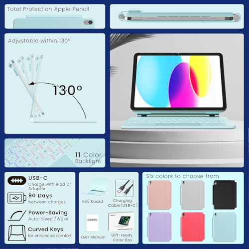 RAYMCRAFT for iPad 11th(A16, 2025)/10th Generation Case with Keyboard, Magic Keyboard 2022, Springy Backlit Keys, Stain-Resistant Surface, Multi-Touch Trackpad, Light Blue - color: Light Blue