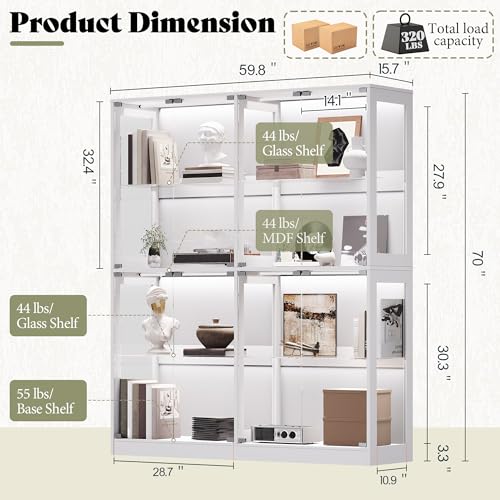 AMERLIFE RGB Display Cabinet with Adjustable Glass Shelves, 4-Tier Storage Case with LED Lights & Press-to-Open Doors, Modern Display Shelf for Collectibles, White 70" H×60" L×16" D - color: White, size: 60×16×70in