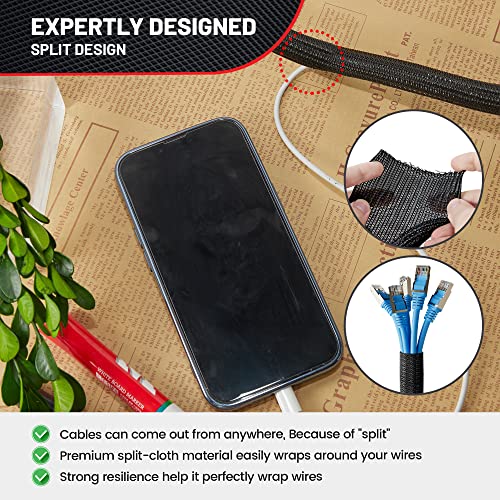RED WOLF 1/4” x 10FT Cable Sleeves Cord Management Braided Wire Loom Sleeving Protector Wiring Cable Cover Flexible Self-Wrap for Automotive Home Office Anti-Scratch High-Temperature Black - size: 1/4" X 10FT
