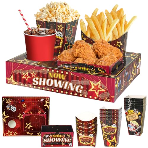 KiDEPOCH Movie Night Snack Trays Boxes with Disposable Paper Food Trays, Popcorn French Fry Candy Food Drink Holder for Cinema Movie Birthday Party